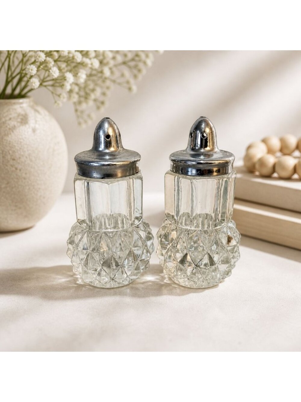 Cut Glass Salt Pepper Shakers VTG Crystal Style Mid Century Kitchen Tableware
